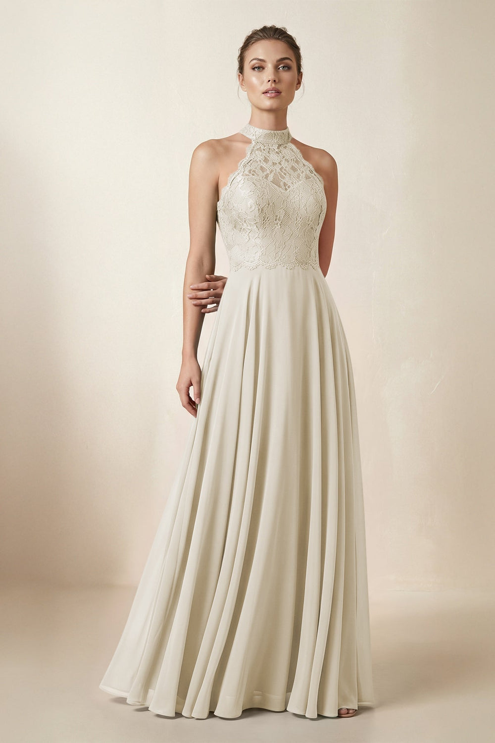 Lace Halter A-Line Chiffon Bridesmaid Dress in Dove Gray