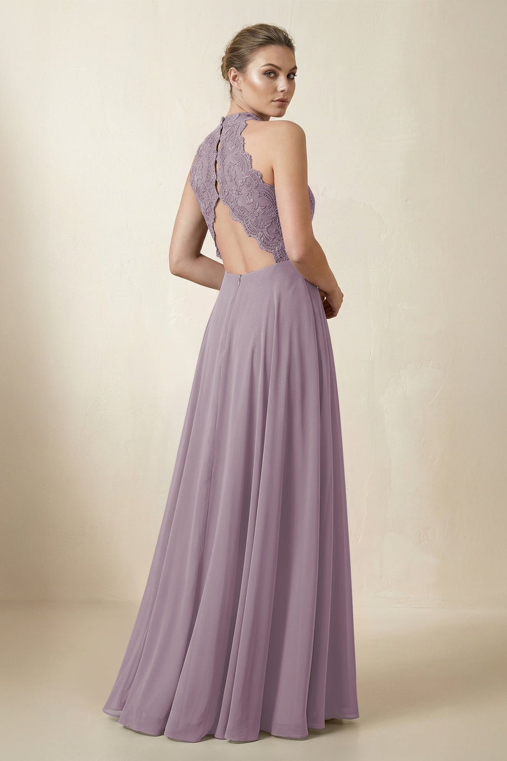 Lace Halter A-Line Chiffon Bridesmaid Dress in Dusk