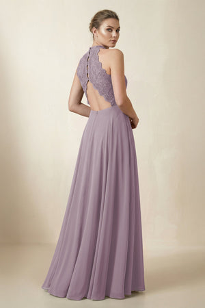 Lace Halter A-Line Chiffon Bridesmaid Dress in Dusk (2) | KISSBRIDAL