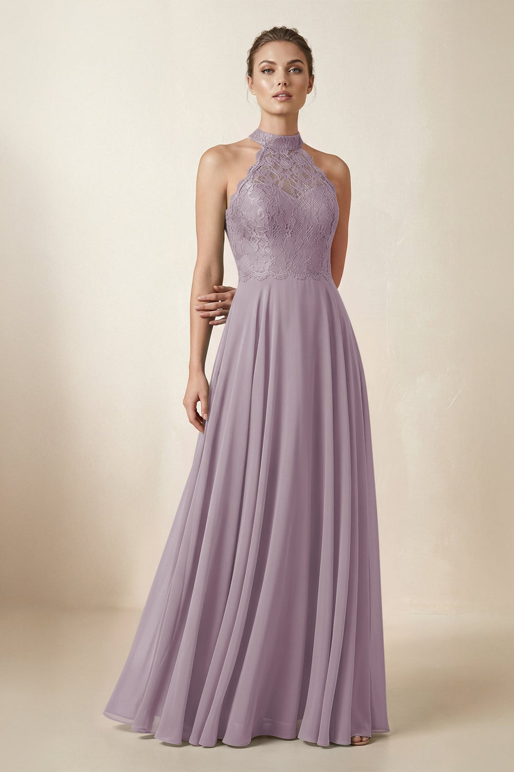 Lace Halter A-Line Chiffon Bridesmaid Dress in Dusk