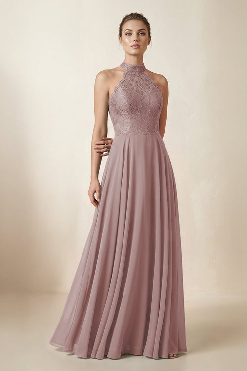 Lace Halter A-Line Chiffon Bridesmaid Dress in Dusty Rose | KISSBRIDAL