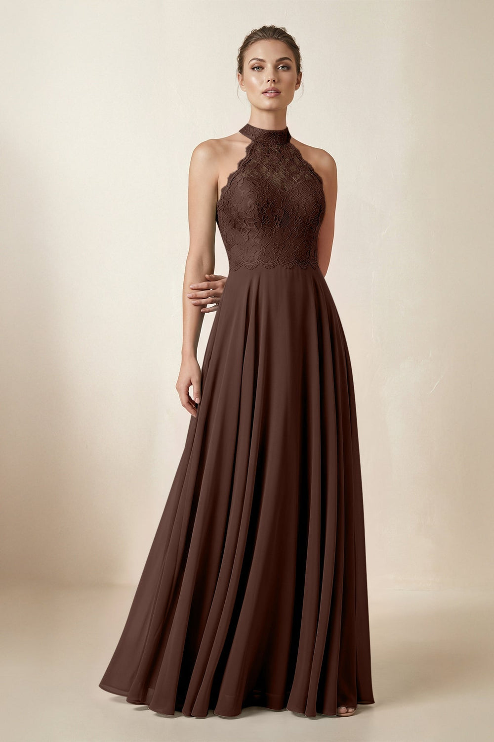 Lace Halter A-Line Chiffon Bridesmaid Dress in Espresso