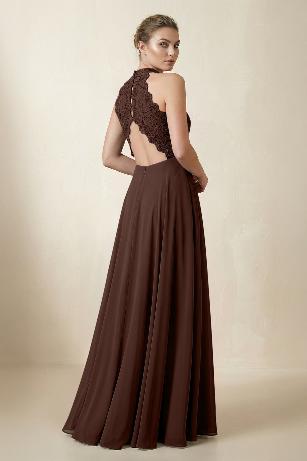 Lace Halter A-Line Chiffon Bridesmaid Dress in Espresso