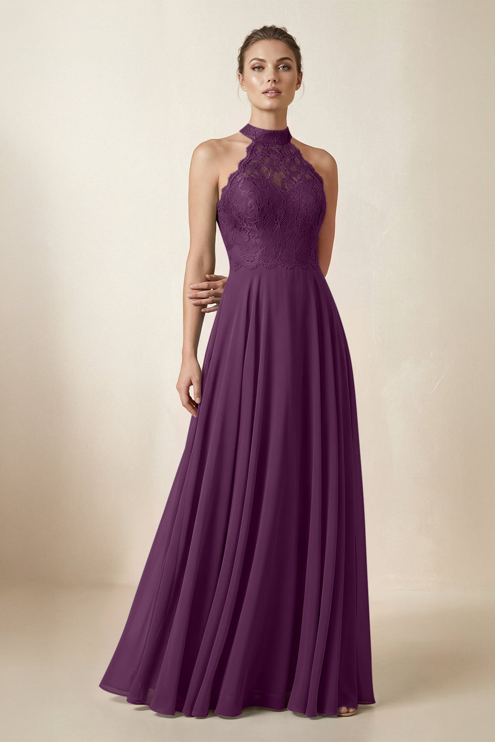 Lace Halter A-Line Chiffon Bridesmaid Dress in Fig