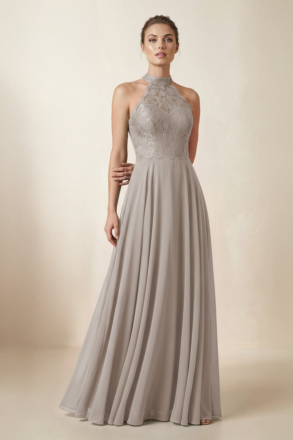 Lace Halter A-Line Chiffon Bridesmaid Dress in Frost