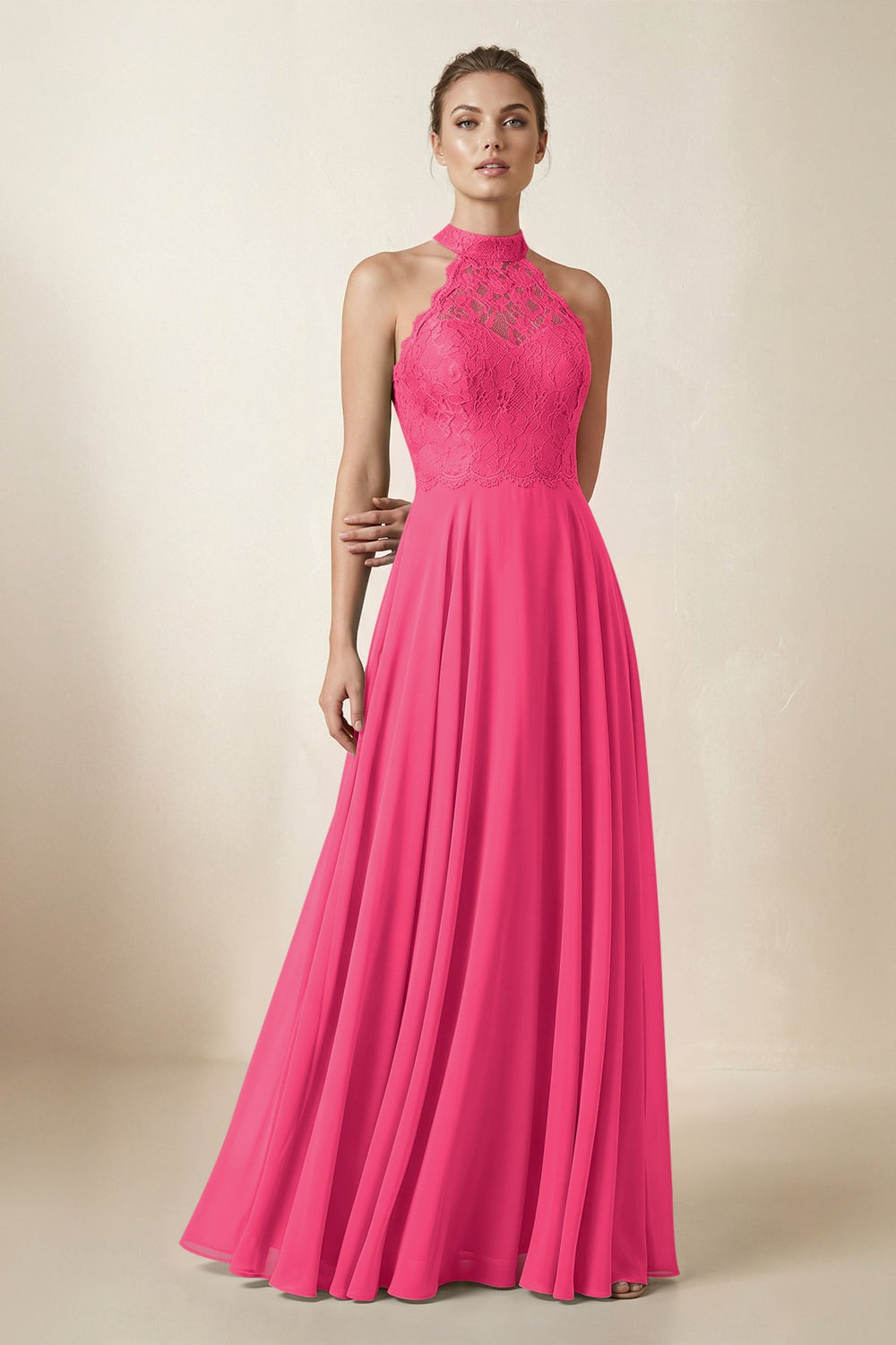 Lace Halter A-Line Chiffon Bridesmaid Dress in Fuchsia