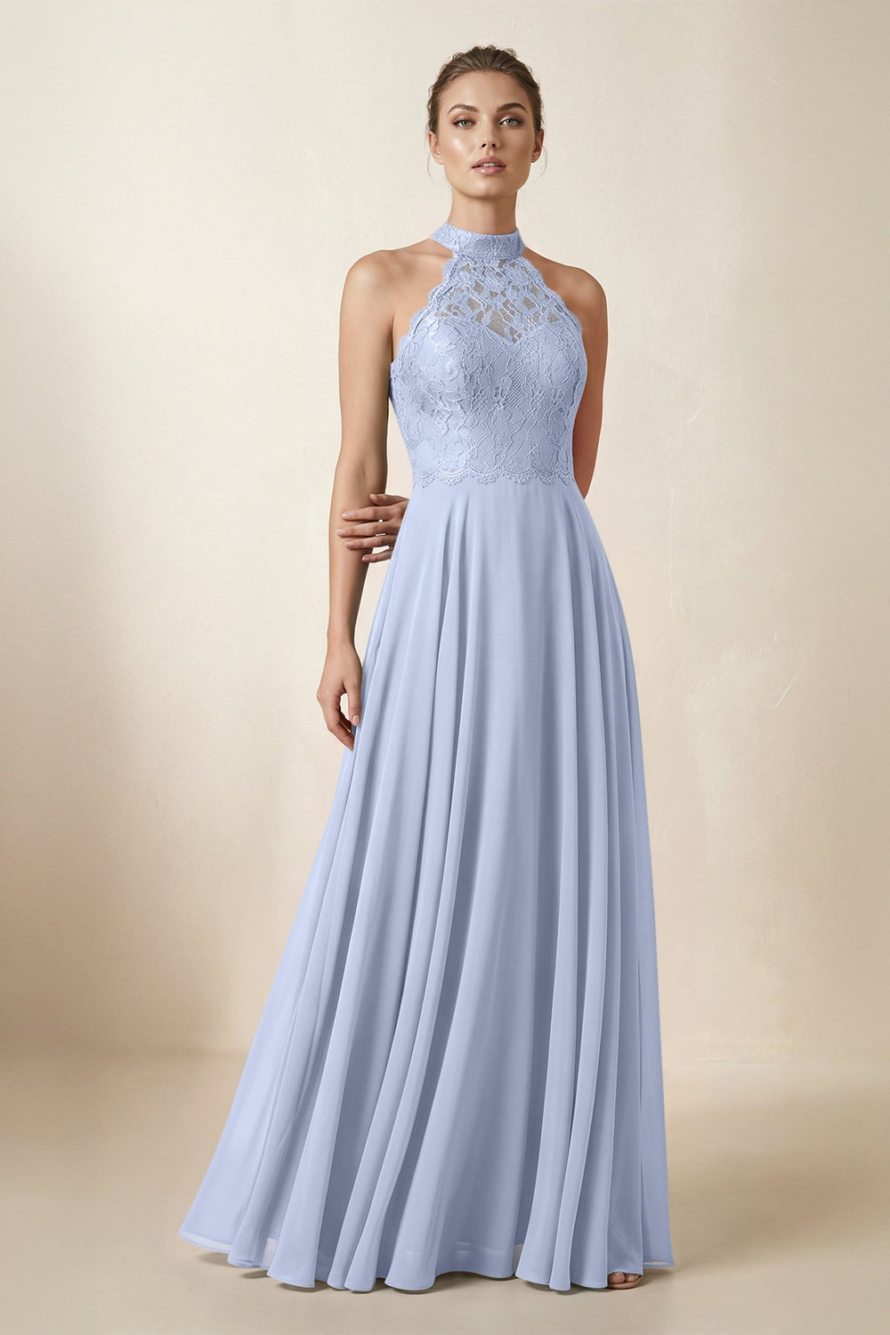 Lace Halter A-Line Chiffon Bridesmaid Dress in Ice