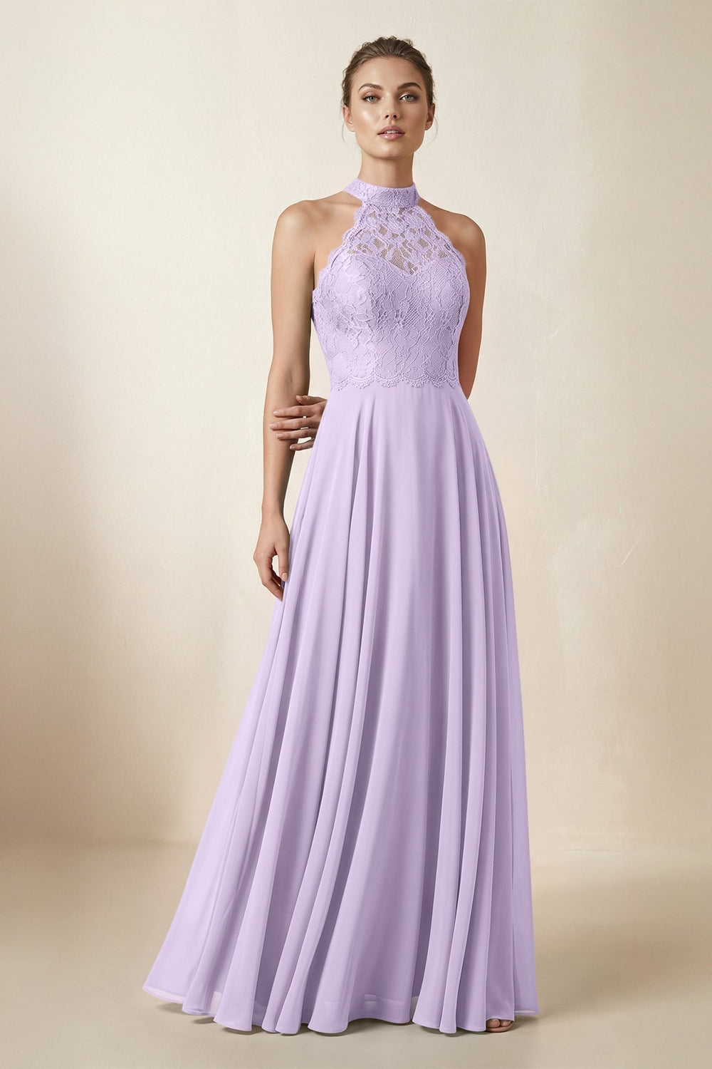 Lace Halter A-Line Chiffon Bridesmaid Dress in Lavender