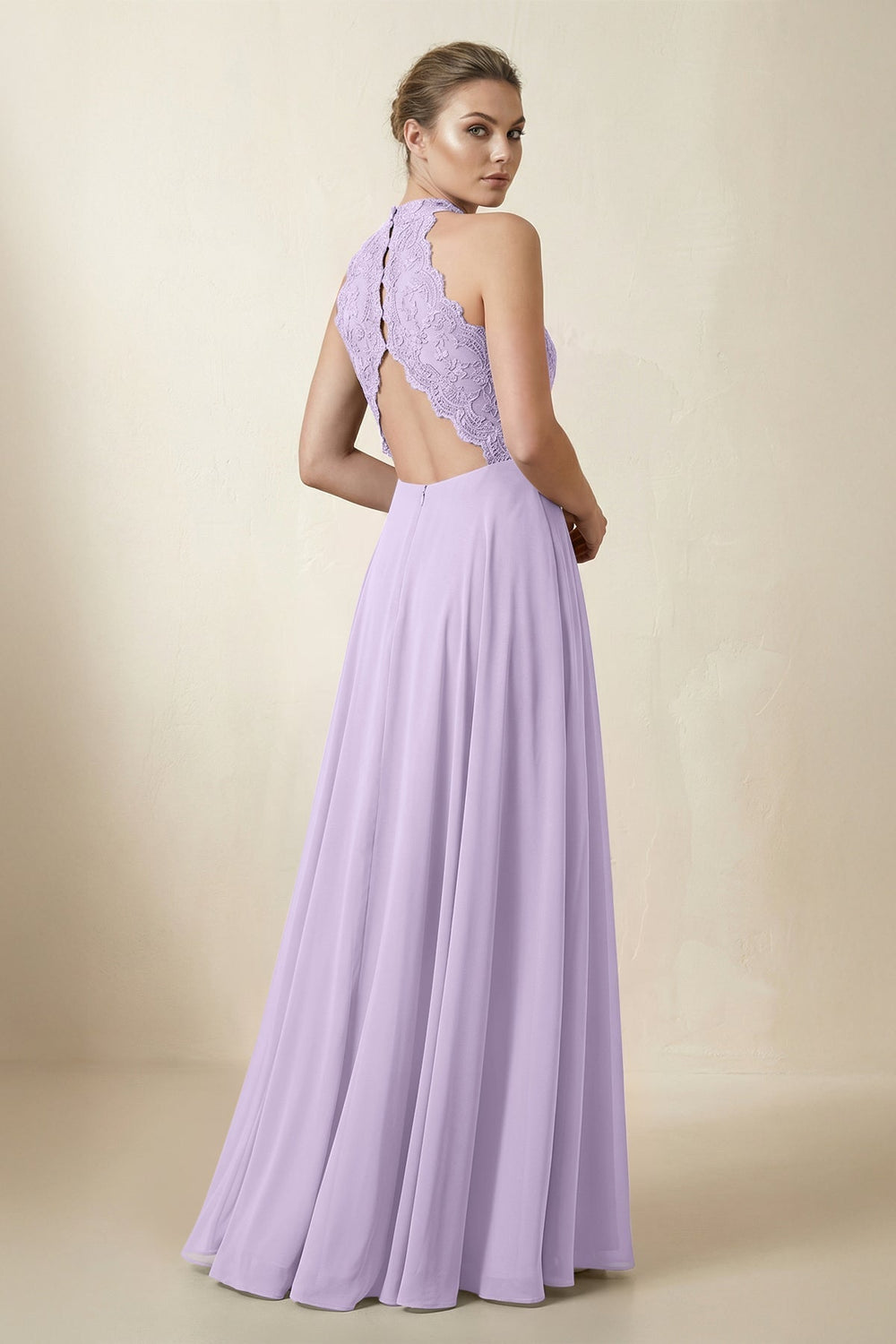 Lace Halter A-Line Chiffon Bridesmaid Dress in Lavender