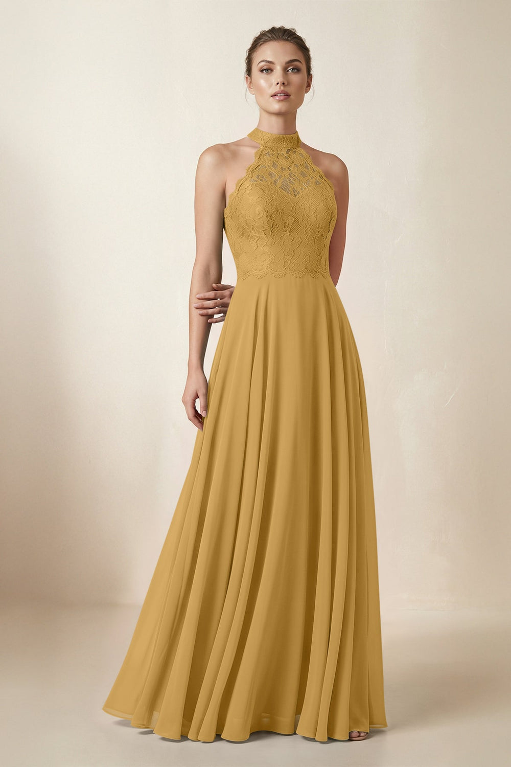 Lace Halter A-Line Chiffon Bridesmaid Dress in Marigold