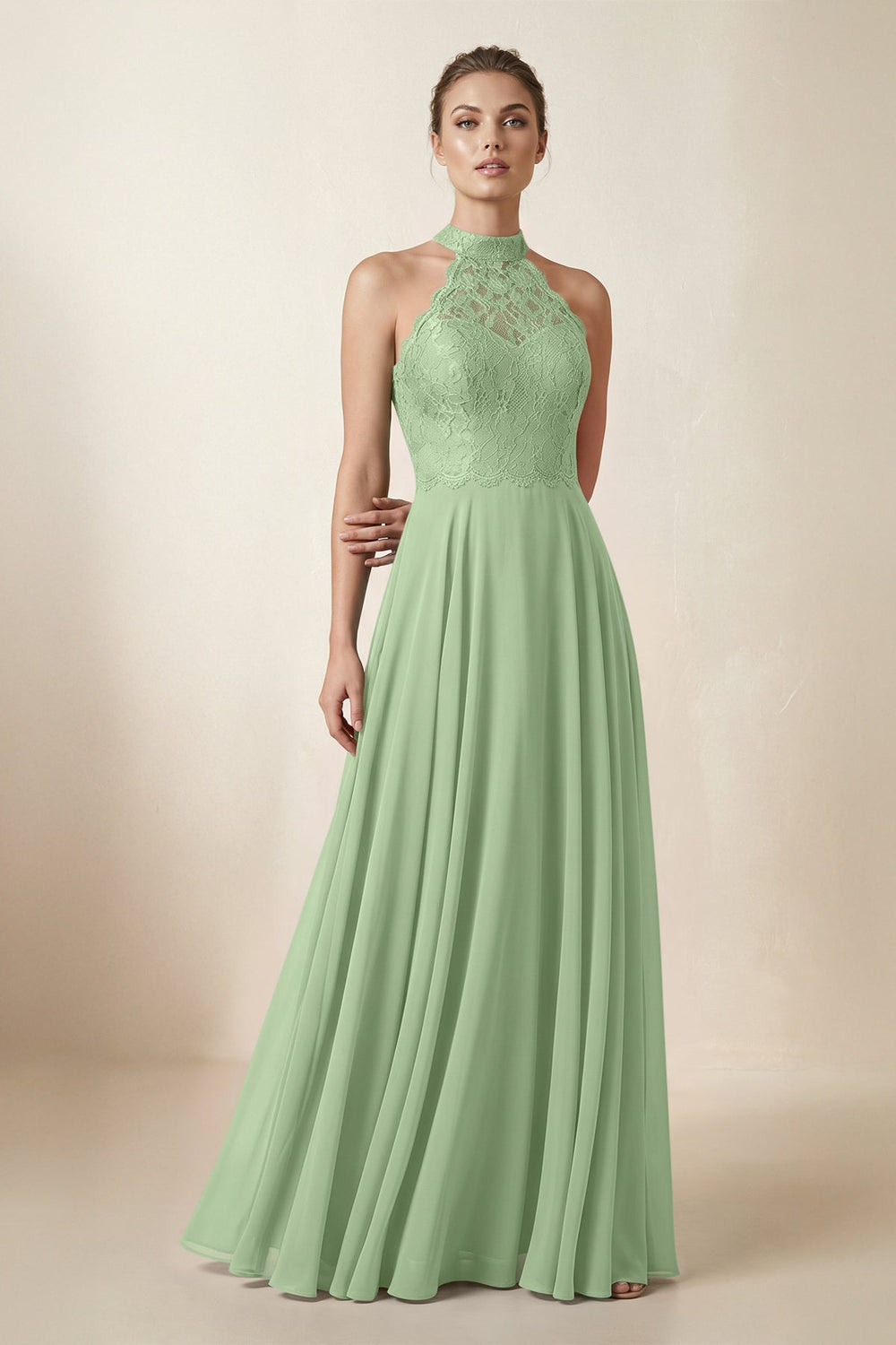 Lace Halter A-Line Chiffon Bridesmaid Dress in Matcha