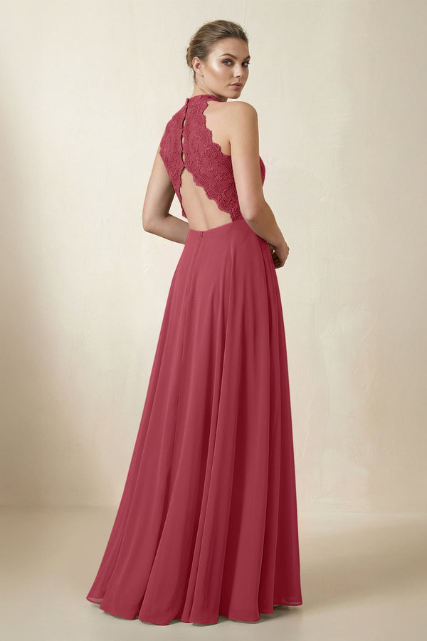 Lace Halter A-Line Chiffon Bridesmaid Dress in Merlot (2) | KISSBRIDAL