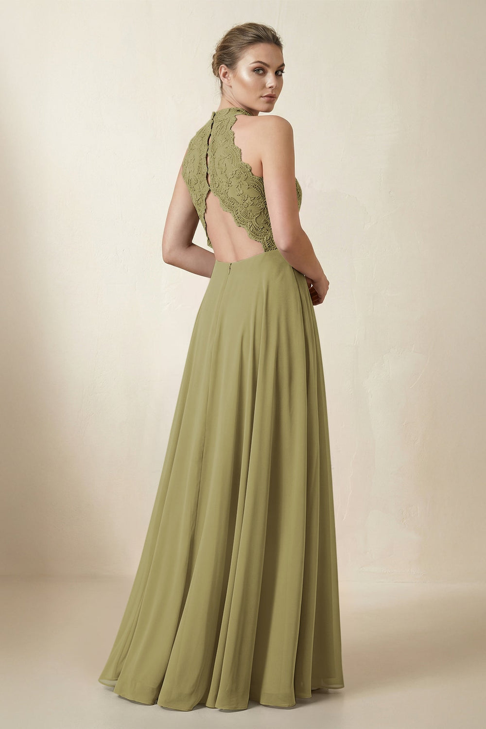 Lace Halter A-Line Chiffon Bridesmaid Dress in Moss Green