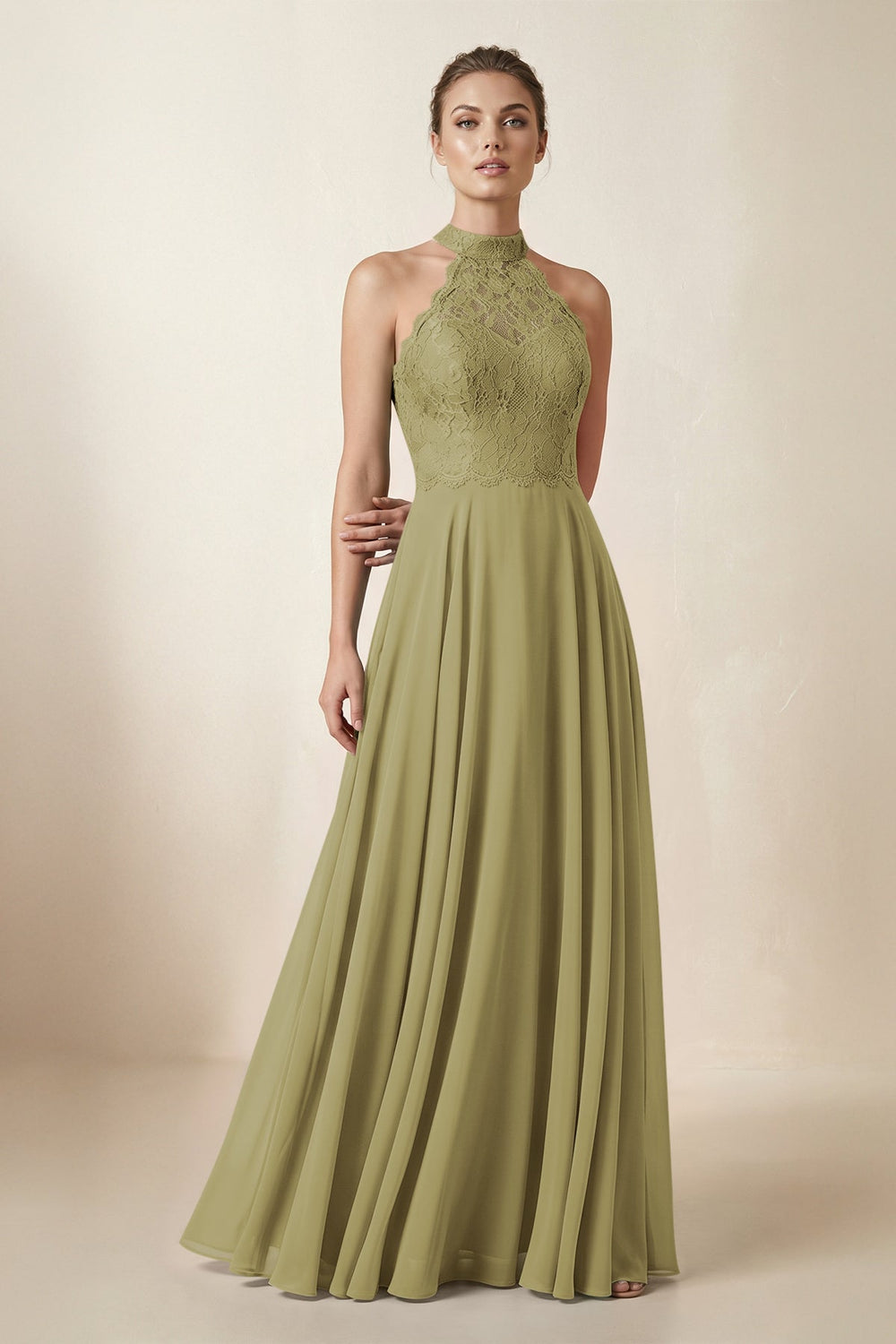 Lace Halter A-Line Chiffon Bridesmaid Dress in Moss Green