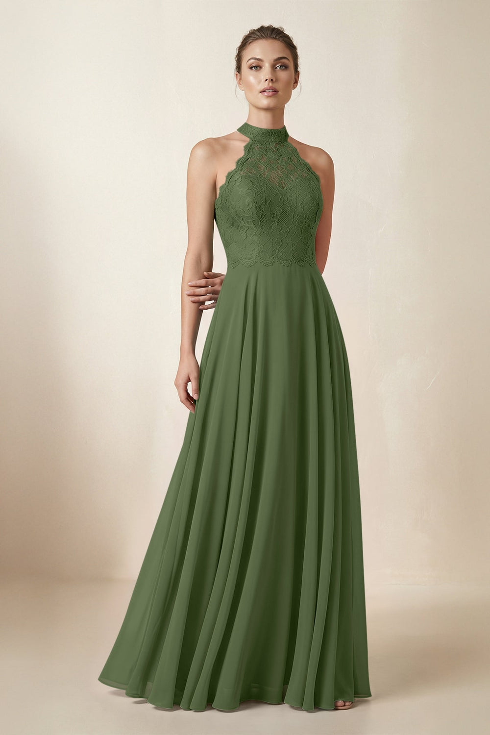 Lace Halter A-Line Chiffon Bridesmaid Dress in Moss