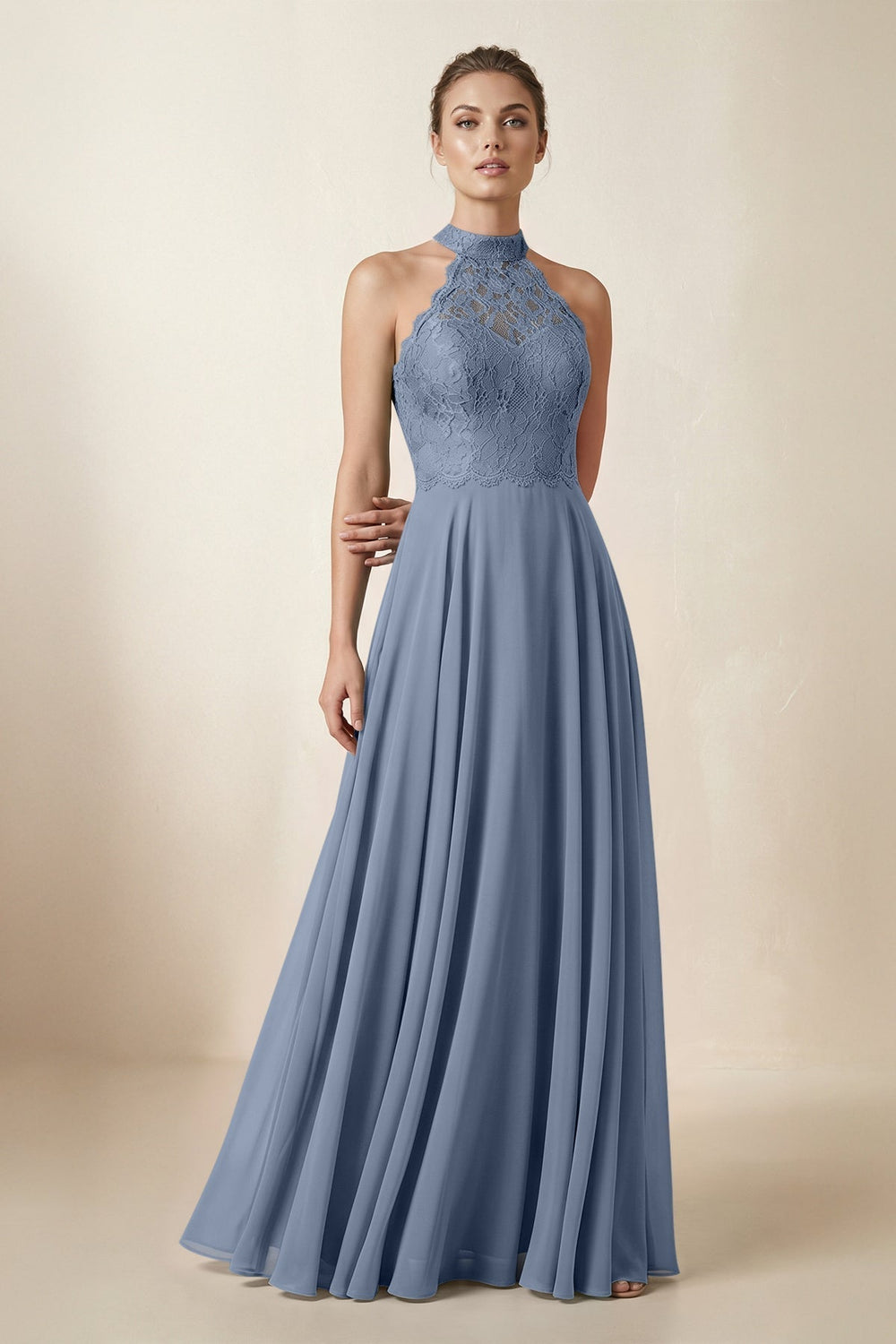 Lace Halter A-Line Chiffon Bridesmaid Dress in Neptune