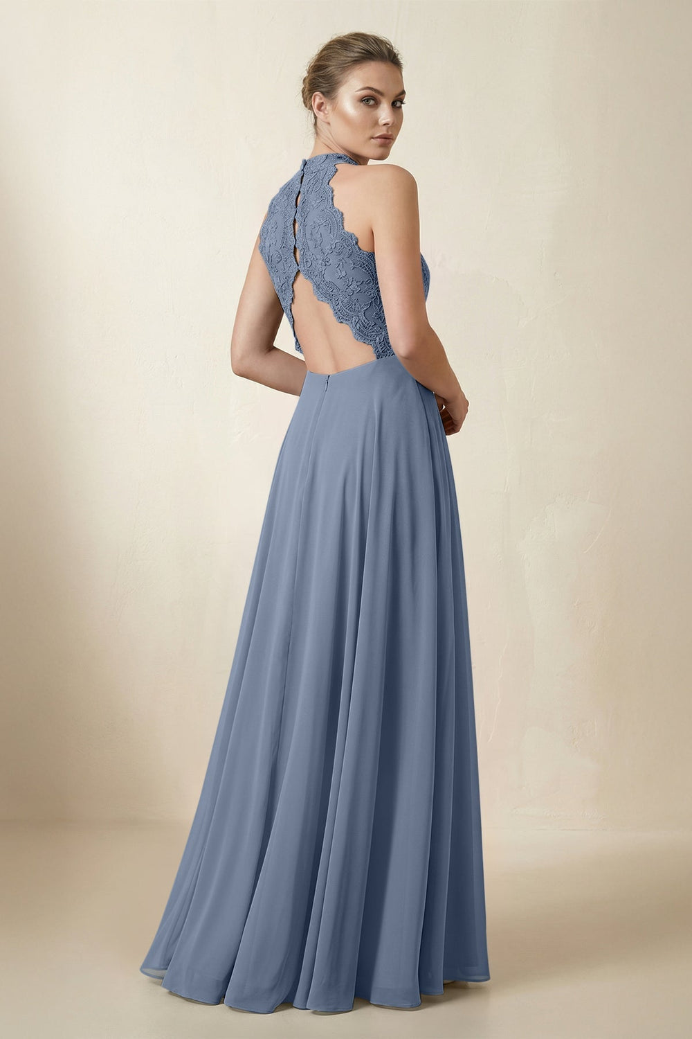 Lace Halter A-Line Chiffon Bridesmaid Dress in Neptune