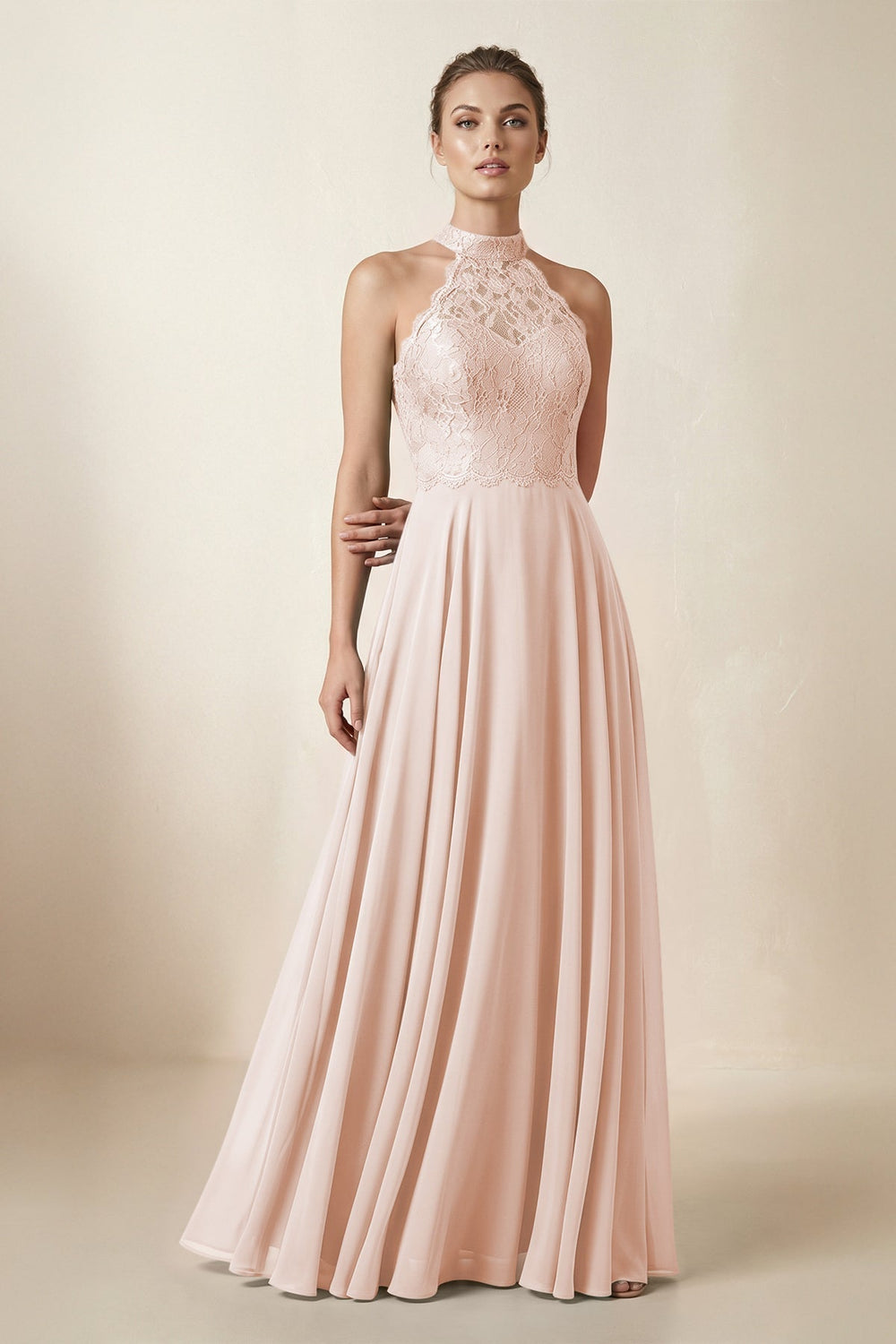 Lace Halter A-Line Chiffon Bridesmaid Dress in Pale Blush