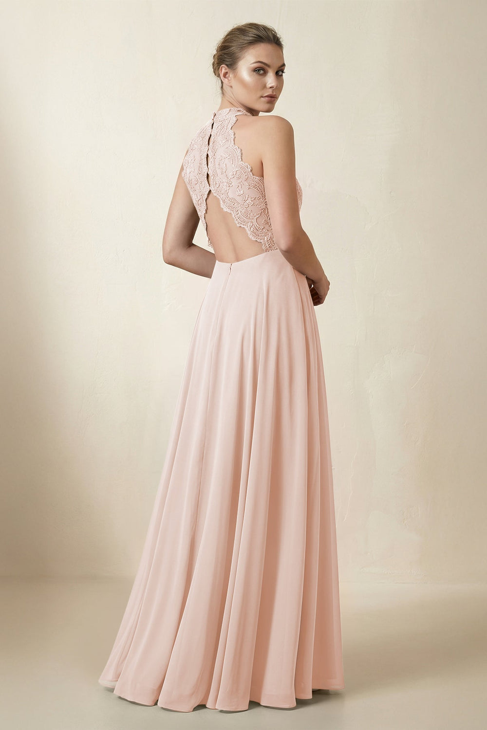 Lace Halter A-Line Chiffon Bridesmaid Dress in Pale Blush