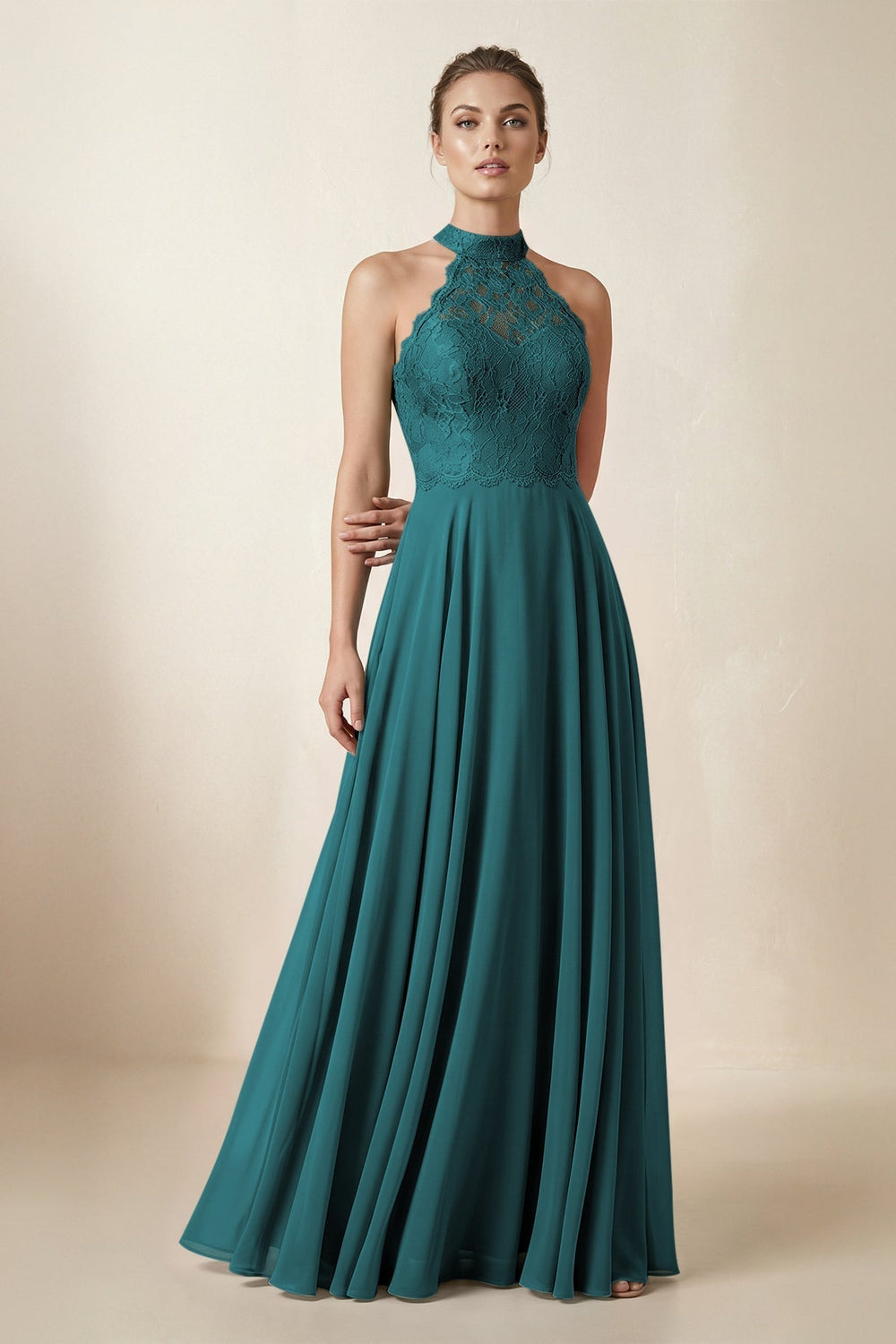 Lace Halter A-Line Chiffon Bridesmaid Dress in Pine