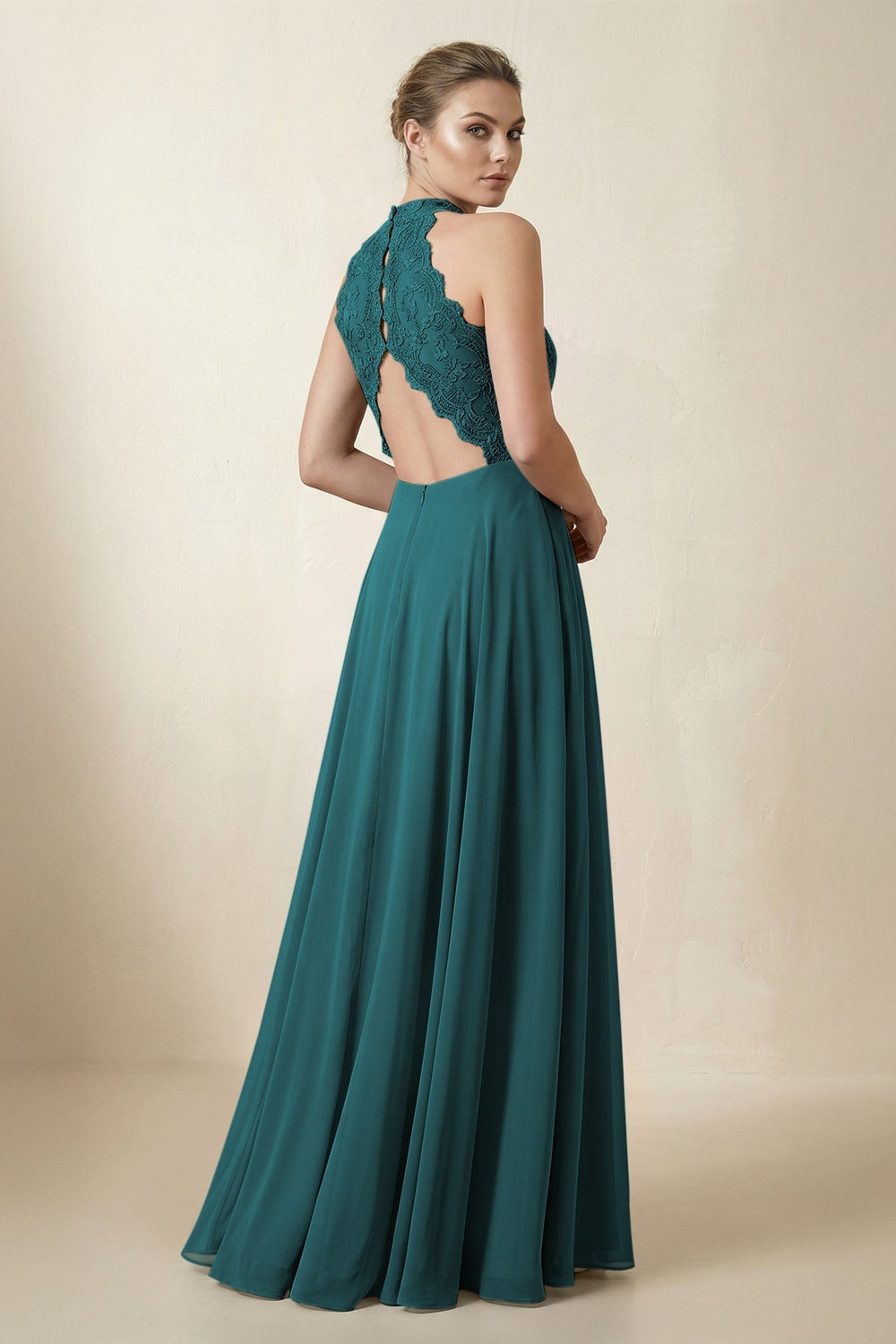 Lace Halter A-Line Chiffon Bridesmaid Dress in Pine