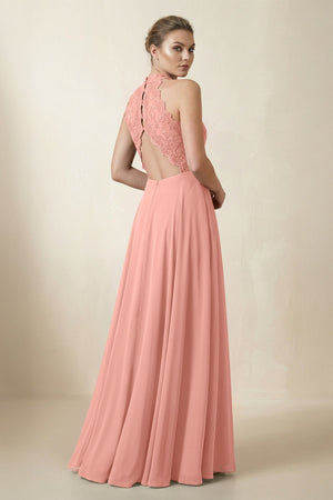 Lace Halter A-Line Chiffon Bridesmaid Dress in Rosette (2) | KISSBRIDAL