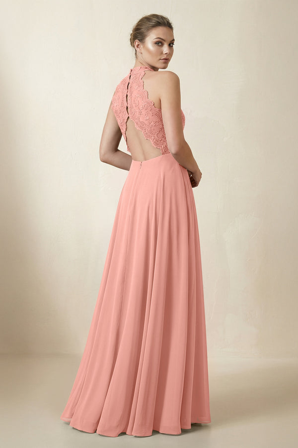 Lace Halter A-Line Chiffon Bridesmaid Dress in Rosette (2) | KISSBRIDAL