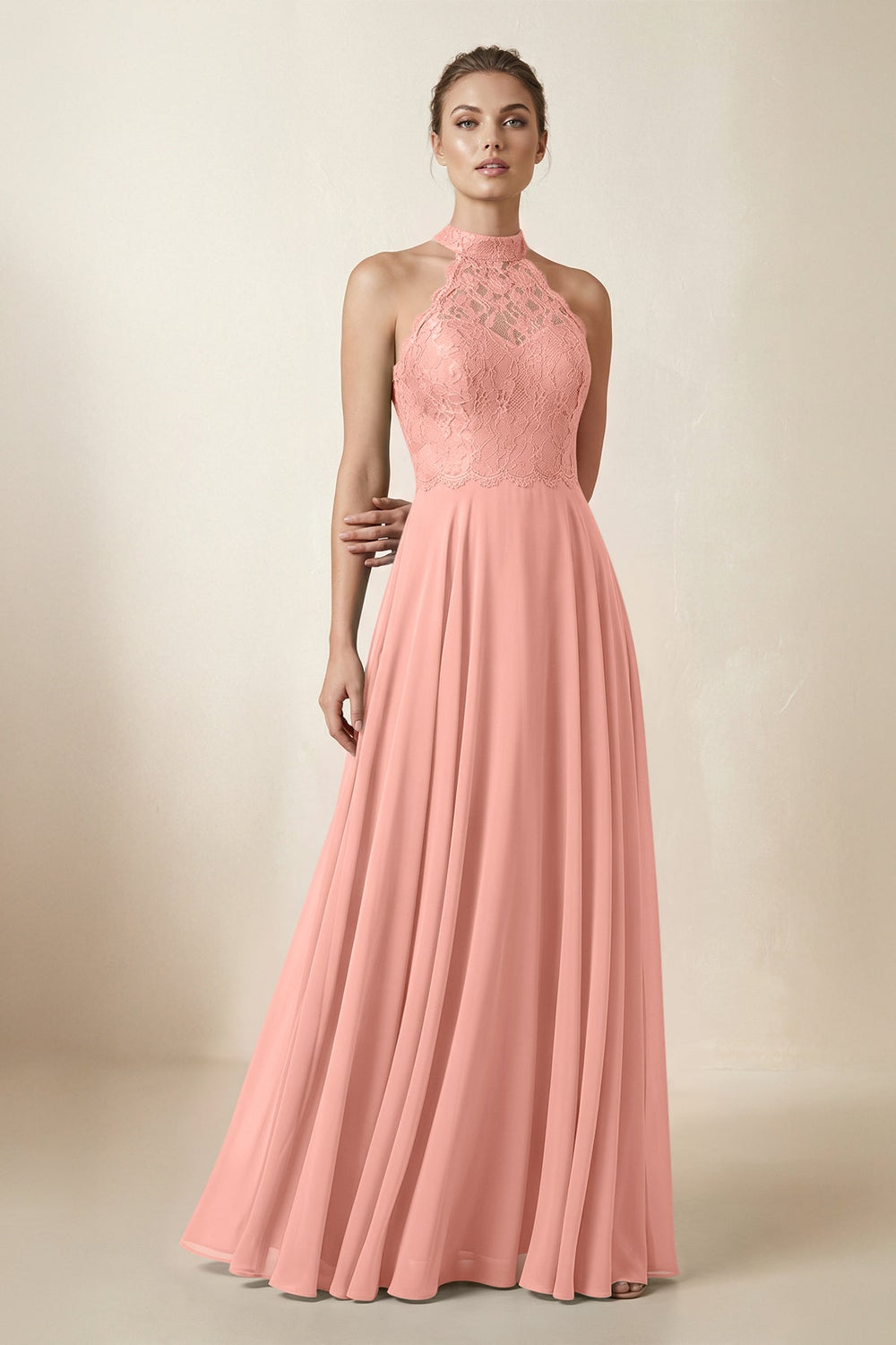 Lace Halter A-Line Chiffon Bridesmaid Dress in Rosette