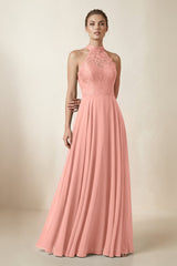 Lace Halter A-Line Chiffon Bridesmaid Dress in Rosette | KISSBRIDAL