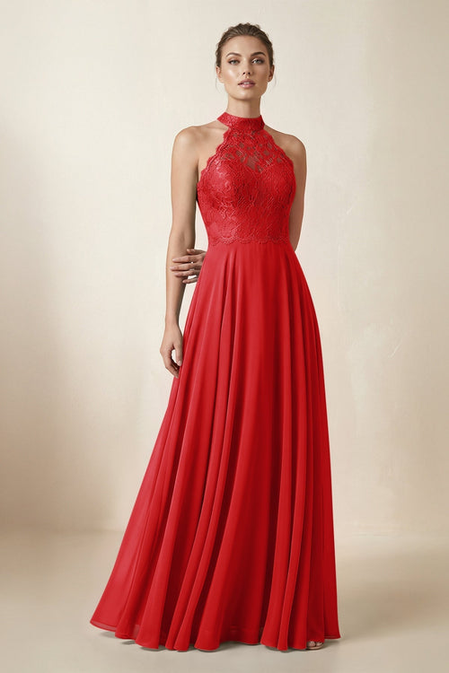 Lace Halter A - Line Chiffon Bridesmaid Dress in Ruby Red - KISS BRIDAL Bridesmaid Dresses