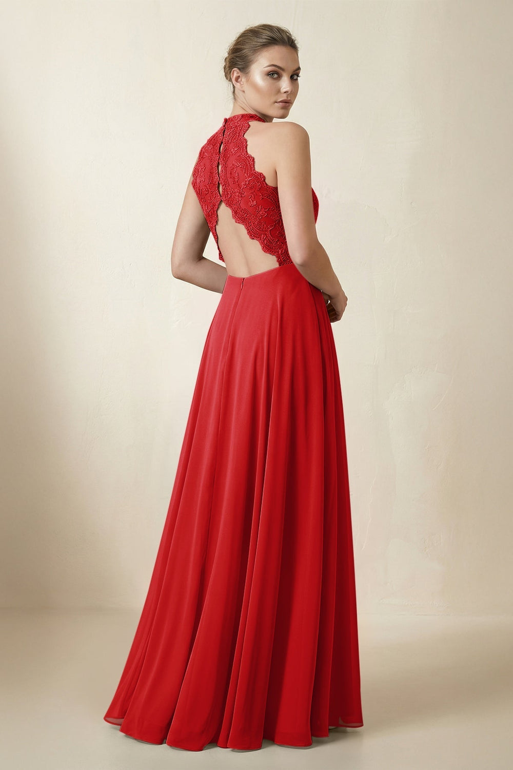 Lace Halter A-Line Chiffon Bridesmaid Dress in Ruby Red