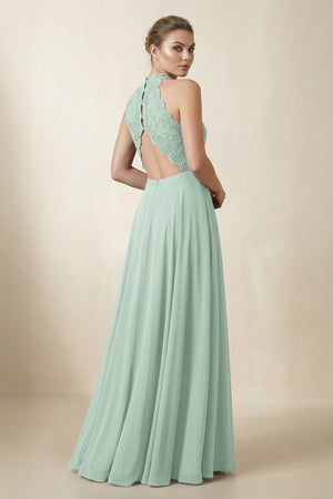 Lace Halter A-Line Chiffon Bridesmaid Dress in Sage (2) | KISSBRIDAL