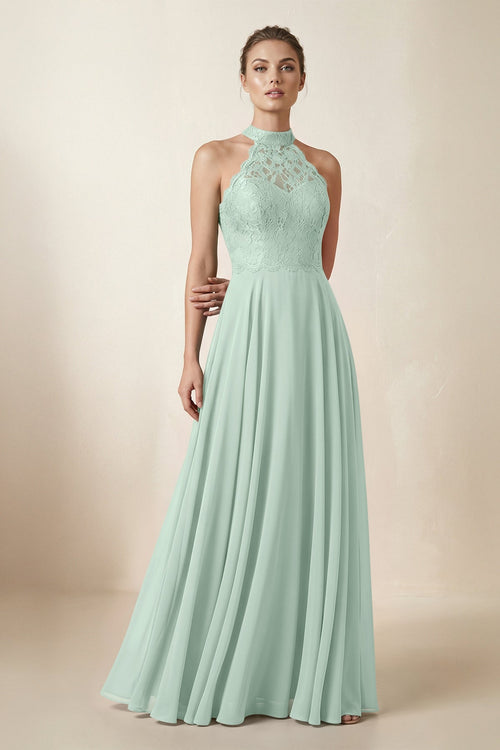 Lace Halter A-Line Chiffon Bridesmaid Dress in Sage | KISSBRIDAL