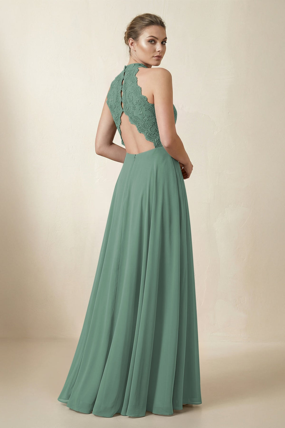Lace Halter A-Line Chiffon Bridesmaid Dress in Sea Glass