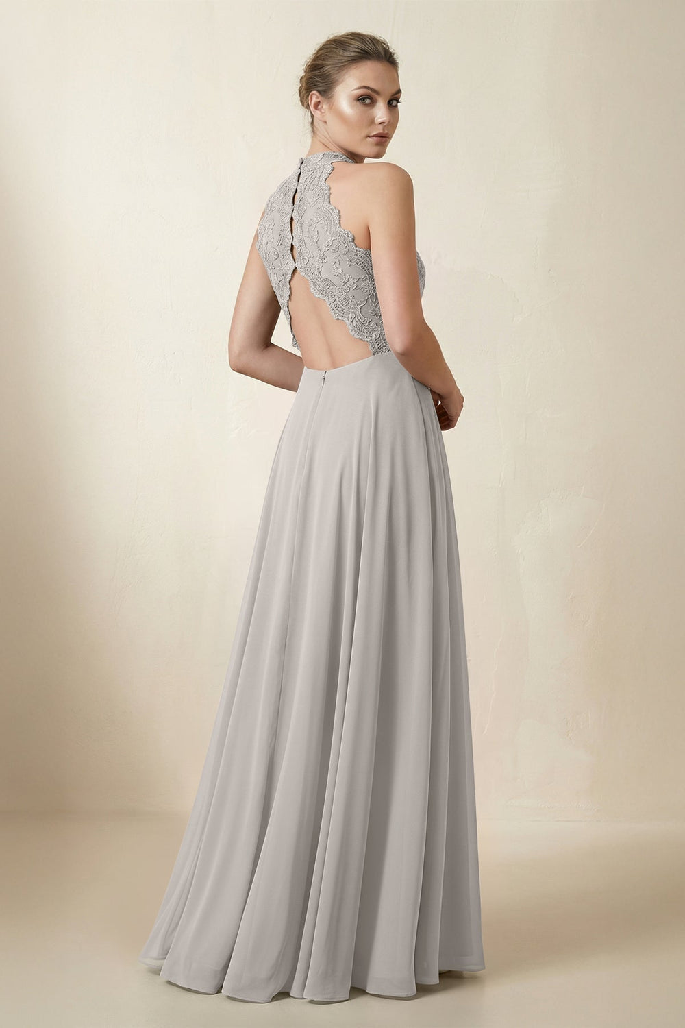 Lace Halter A-Line Chiffon Bridesmaid Dress in Silver
