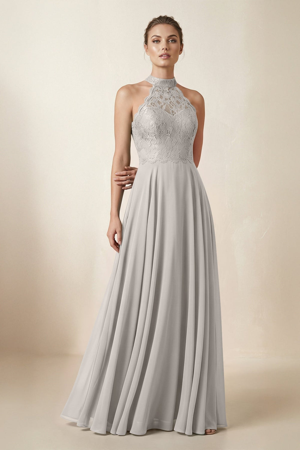 Lace Halter A-Line Chiffon Bridesmaid Dress in Silver
