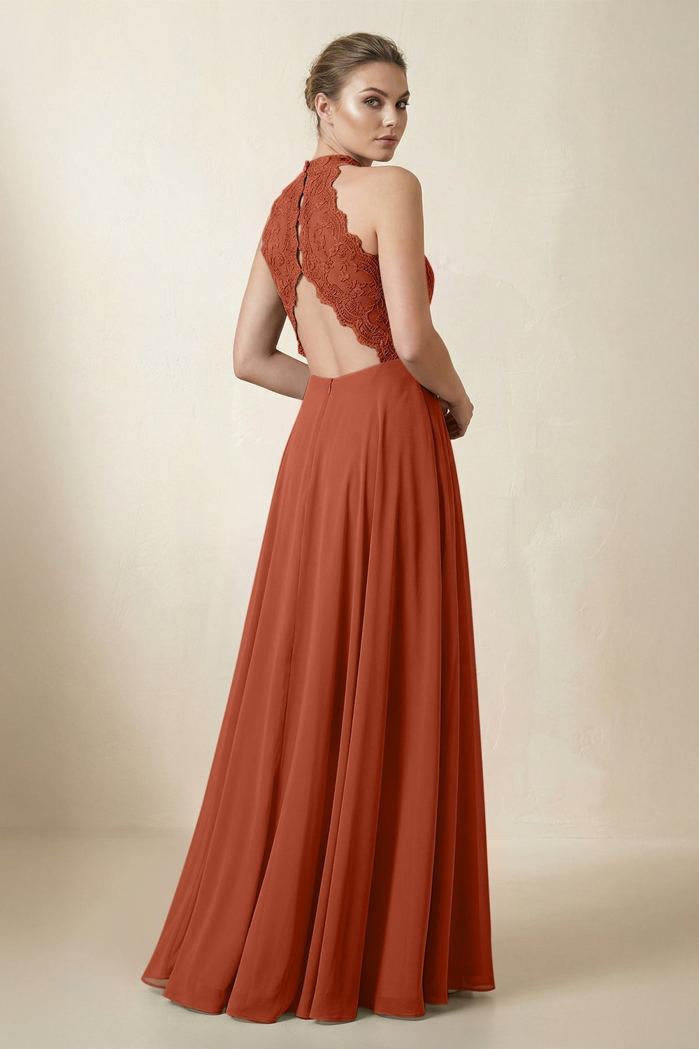 Lace Halter A-Line Chiffon Bridesmaid Dress in Spice
