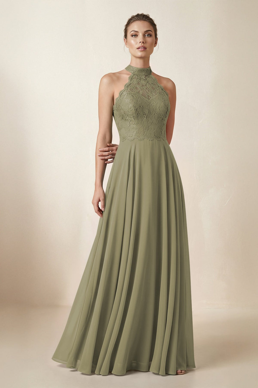 Lace Halter A-Line Chiffon Bridesmaid Dress in Thyme