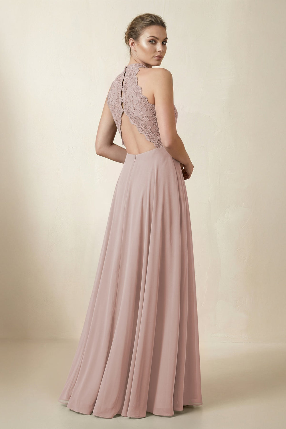 Lace Halter A-Line Chiffon Bridesmaid Dress in Toffee