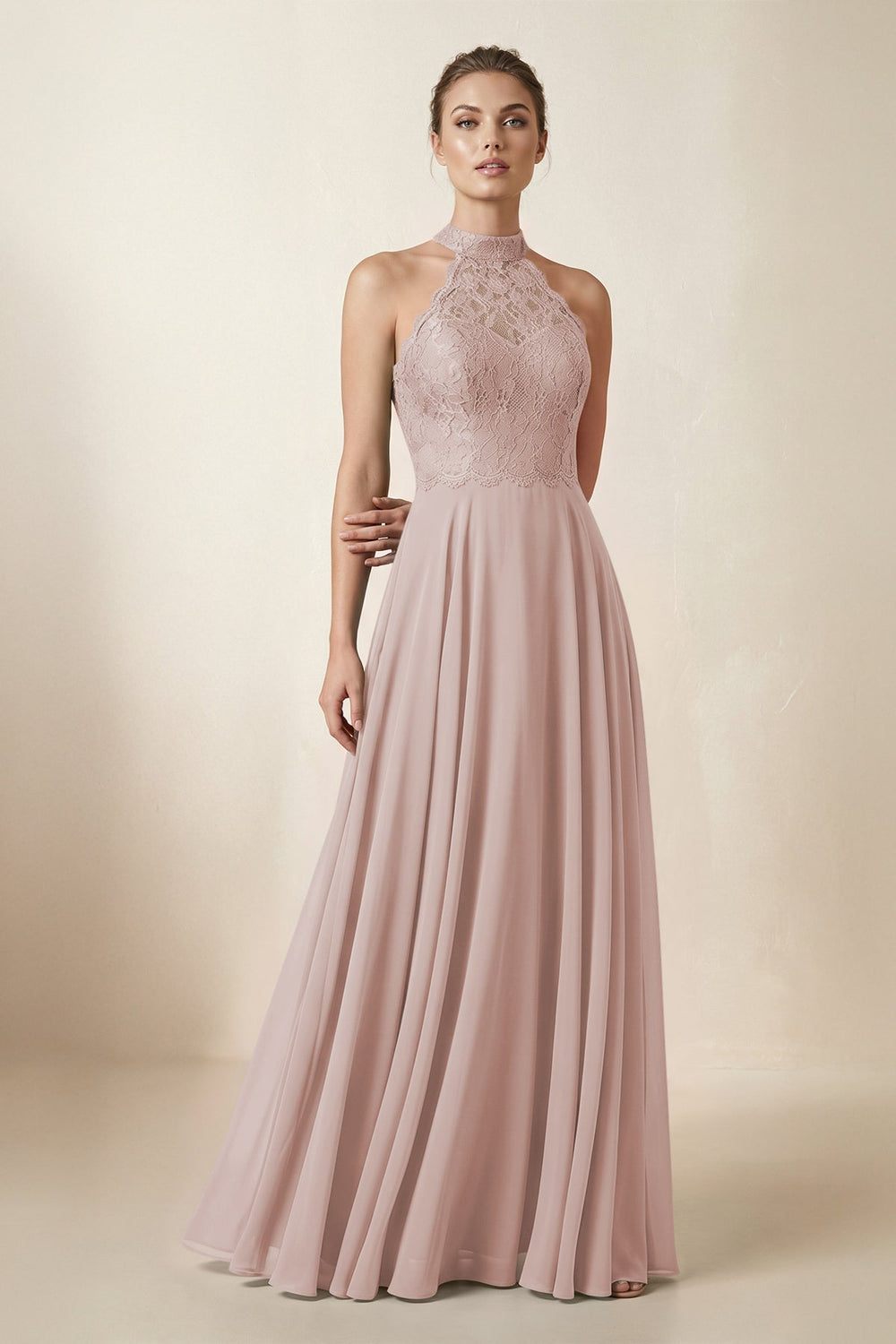 Lace Halter A-Line Chiffon Bridesmaid Dress in Toffee