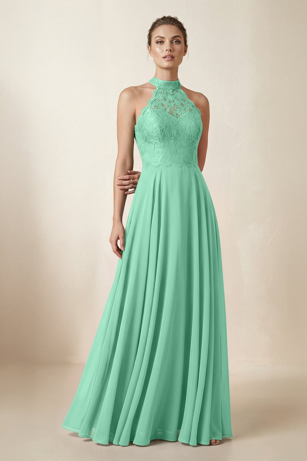 Lace Halter A-Line Chiffon Bridesmaid Dress in Turquoise