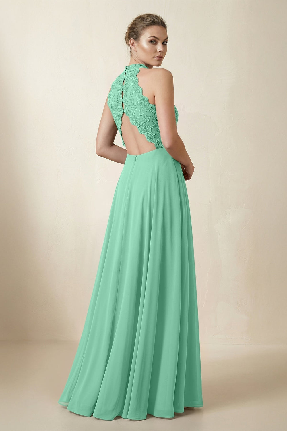 Lace Halter A-Line Chiffon Bridesmaid Dress in Turquoise