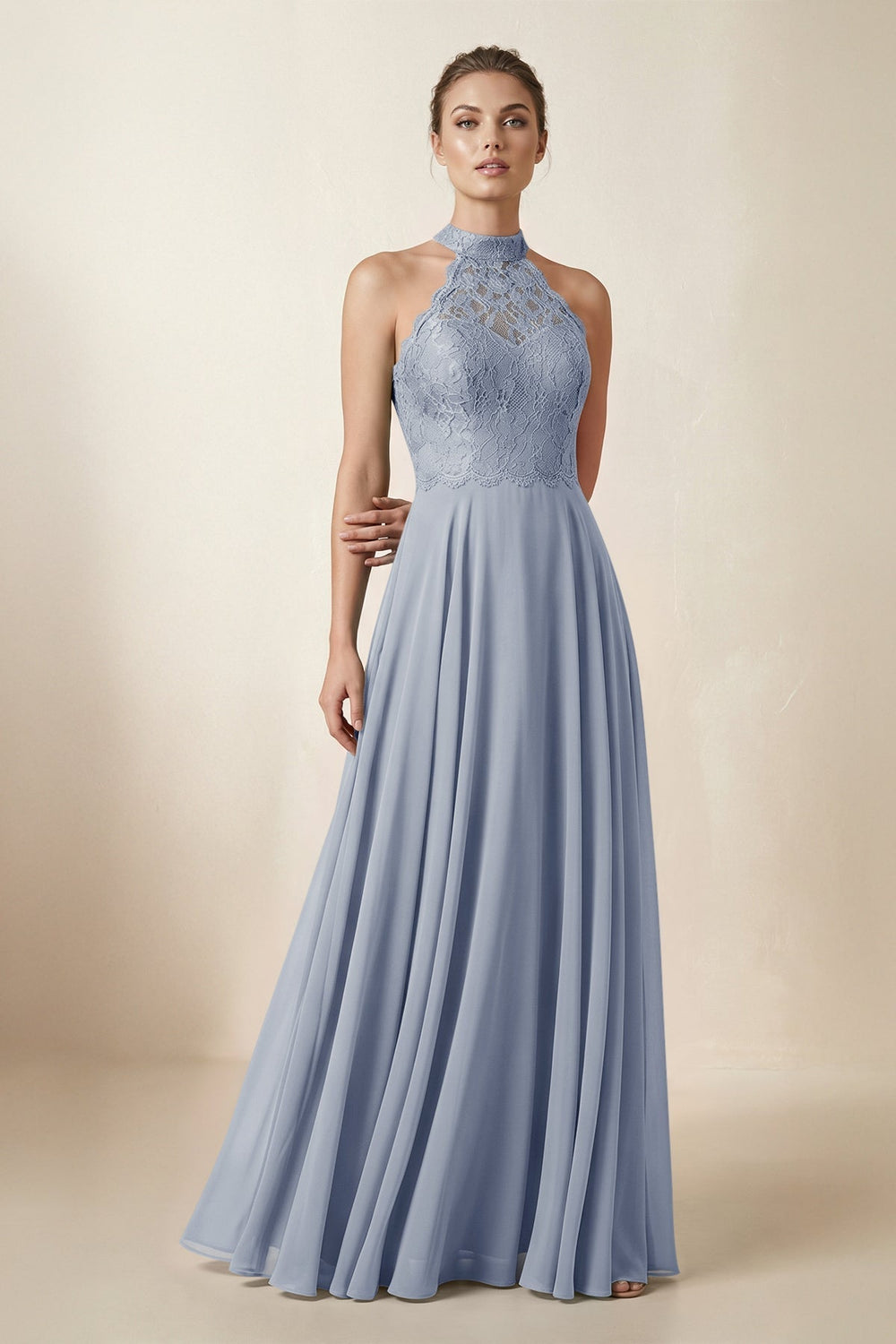 Lace Halter A-Line Chiffon Bridesmaid Dress in Twilight