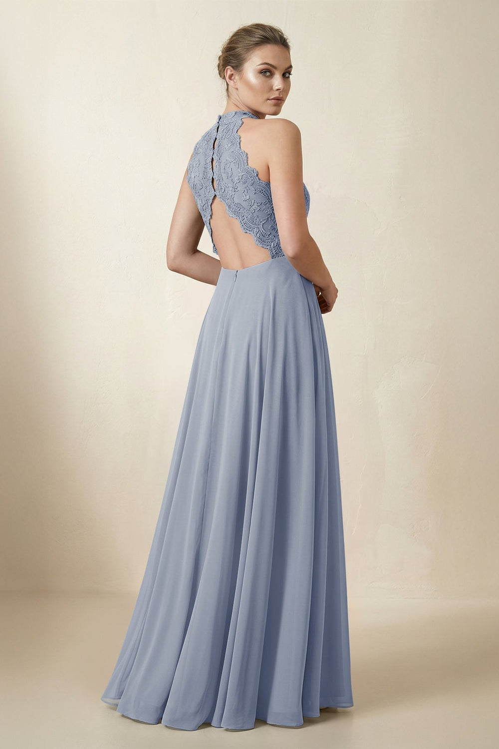Lace Halter A-Line Chiffon Bridesmaid Dress in Twilight