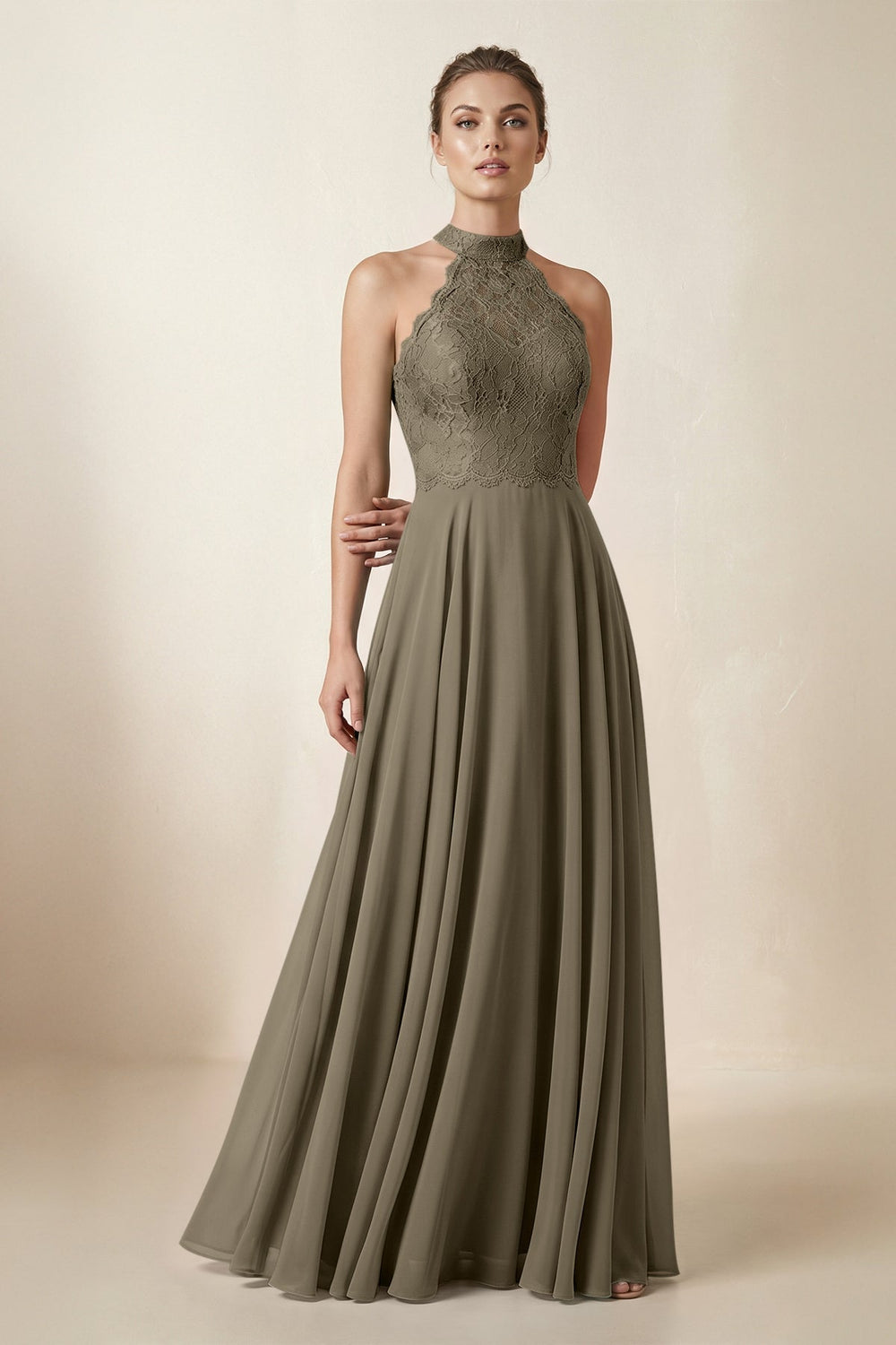 Lace Halter A-Line Chiffon Bridesmaid Dress in Willow Green
