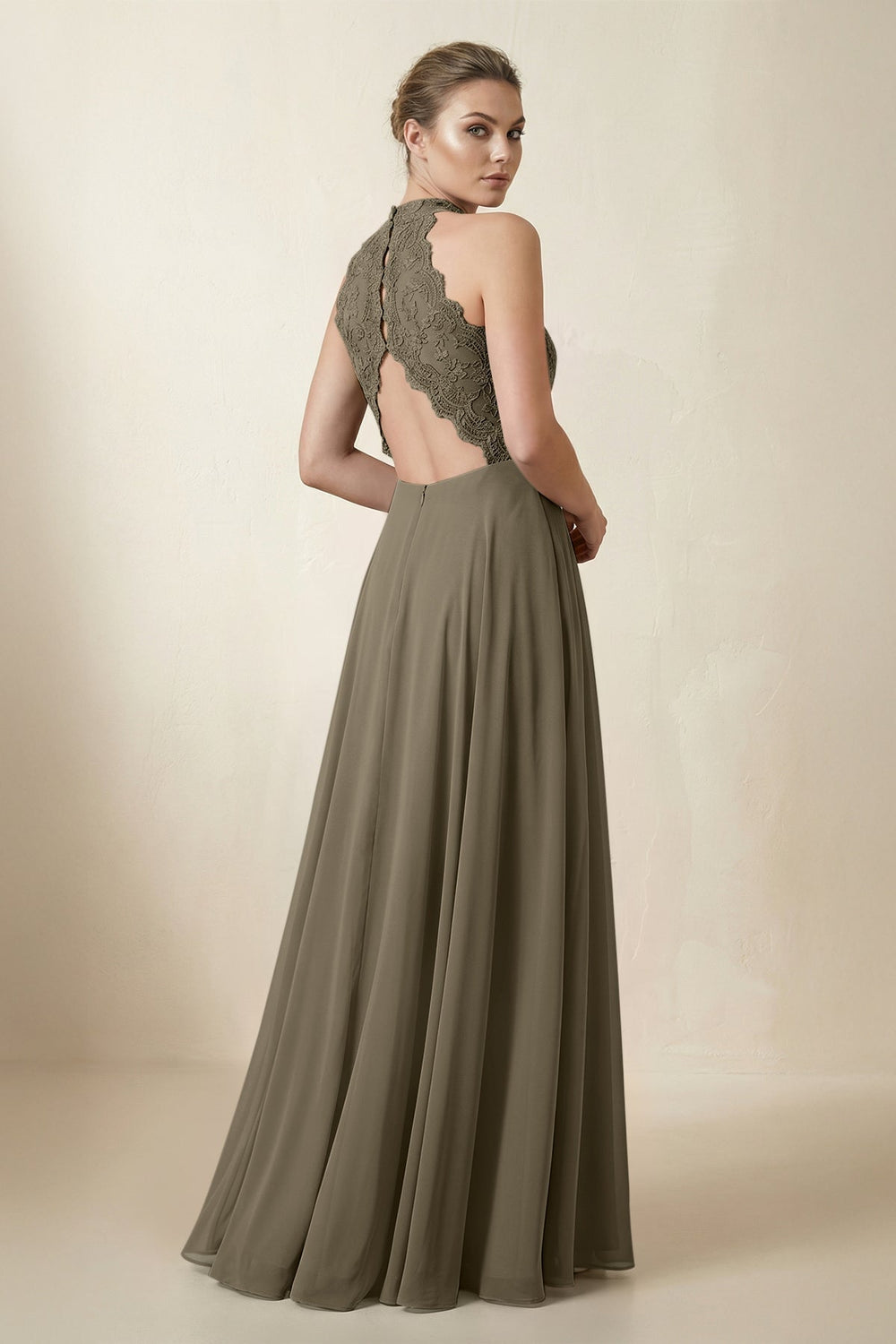 Lace Halter A-Line Chiffon Bridesmaid Dress in Willow Green