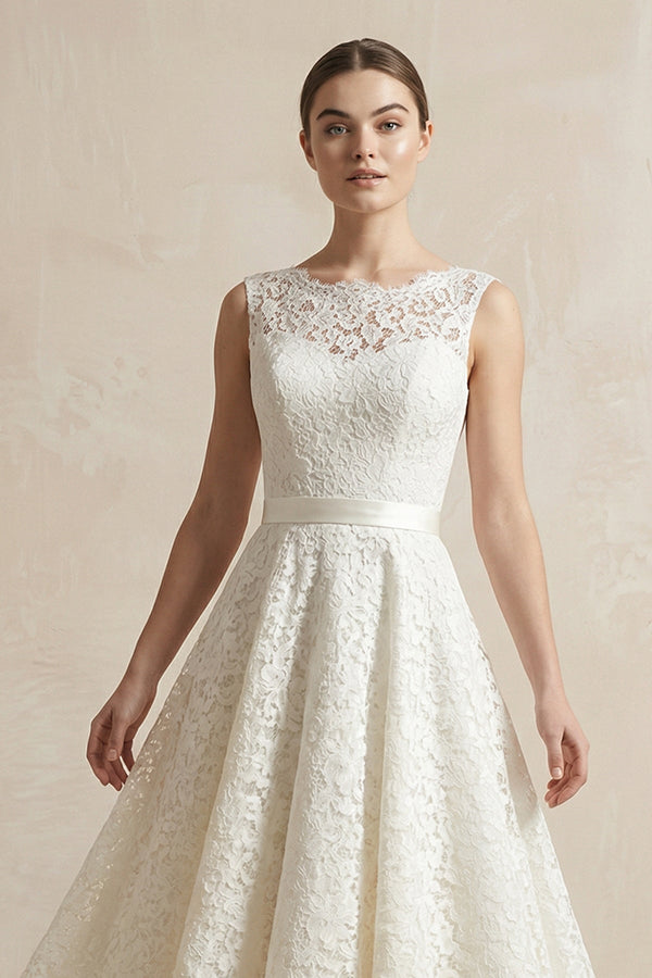 Lace Illusion Neck Lace A - Line Midi Wedding Dress in White - KISS BRIDAL Wedding Dresses