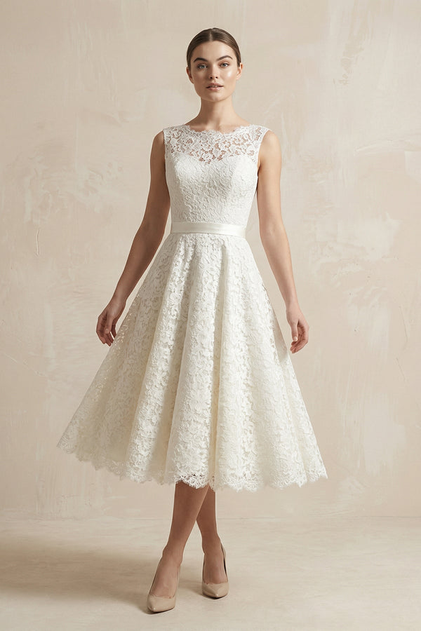 Lace Illusion Neck Lace A - Line Midi Wedding Dress in White - KISS BRIDAL Wedding Dresses