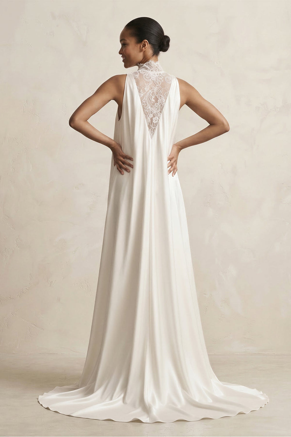 Lace Illusion Neck Satin A-Line Wedding Dress in Ivory