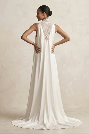 Lace Illusion Neck Satin A - Line Wedding Dress in Ivory - KISS BRIDAL Wedding Dresses
